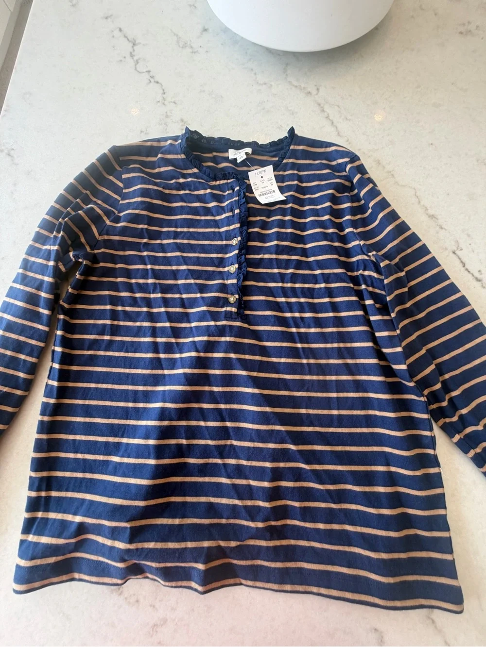 J CREW Striped Navy and Tan Long-Sleeve Henley Top w ruffle detail! New! M
